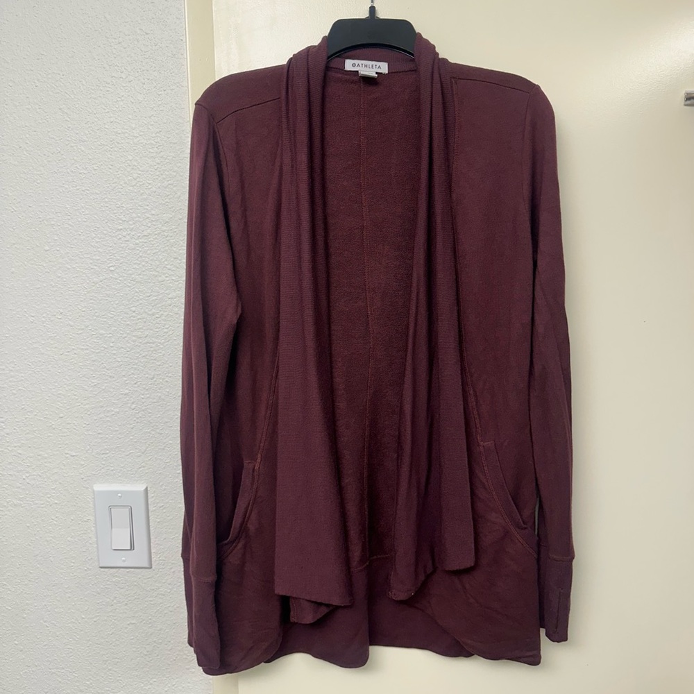 Athleta Pranayama Wrap Cardigan Burgundy Open Front Thumbholes XS